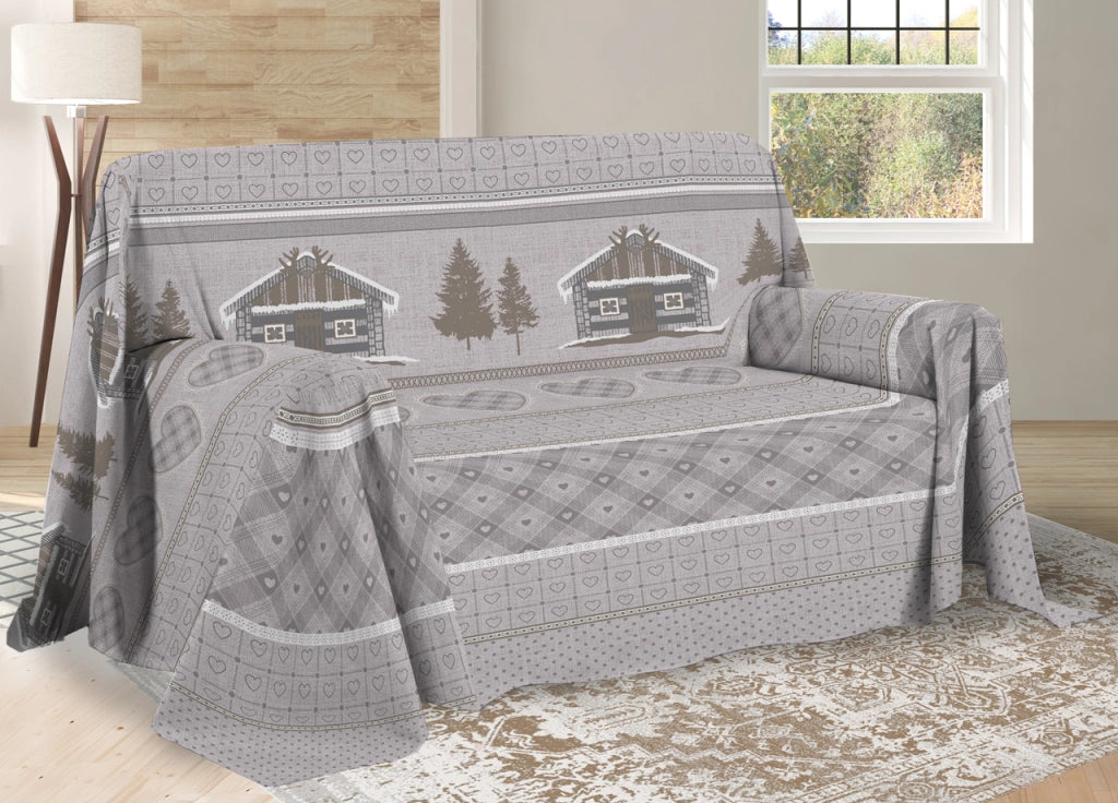 Telo Arredo Multiuso Linea Pensieri Delicati In Cotone Disegno Chalet - Matrimoniale - Beige