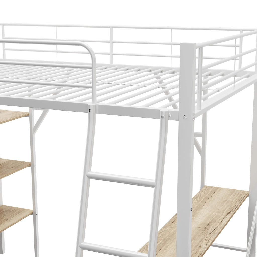 Letto a soppalco ULEVR 90x200 cm con scrivania, 3 ripiani e parapetto, metallo e MDF bianco