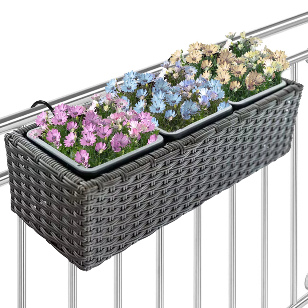 Fioriera Vaso da Terrazzo Ringhiera Giardino Esterno Balcone in Rattan 3 Scomparti