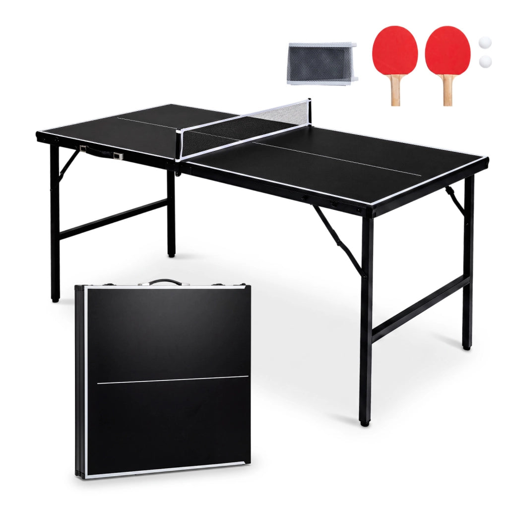 Tavolo da ping pong pieghevole 152,5x76 cm rete 2 racchette palline, Tavolo tennis portatile preassemblato salvaspazio Nero e bianco