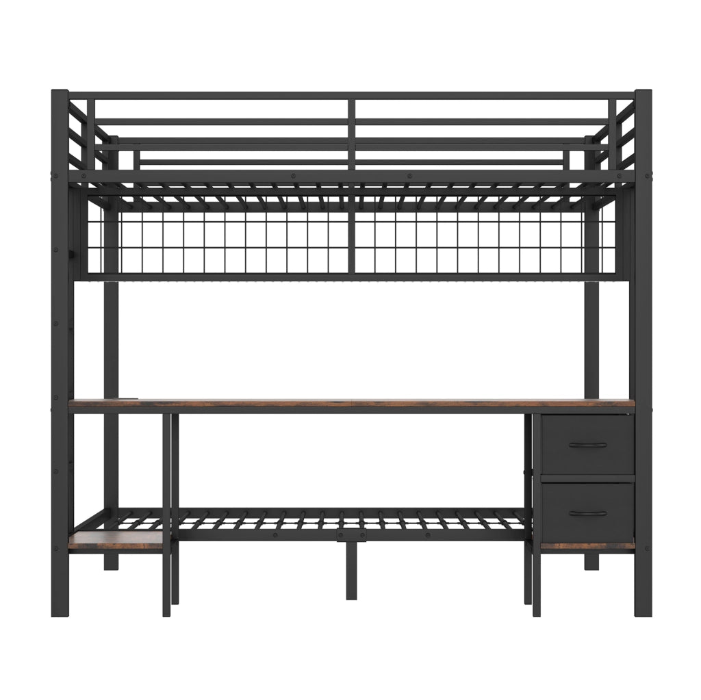 Letto a soppalco 140x200 cm in metallo e MDF nero con scrivania; cassetti; ripiani e LED