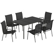 Set 7 Pezzi da Esterno con 6 Sedie Impilabili in Texteline e Tavolino da Caffè con Piano in Vetro in Acciaio Nero