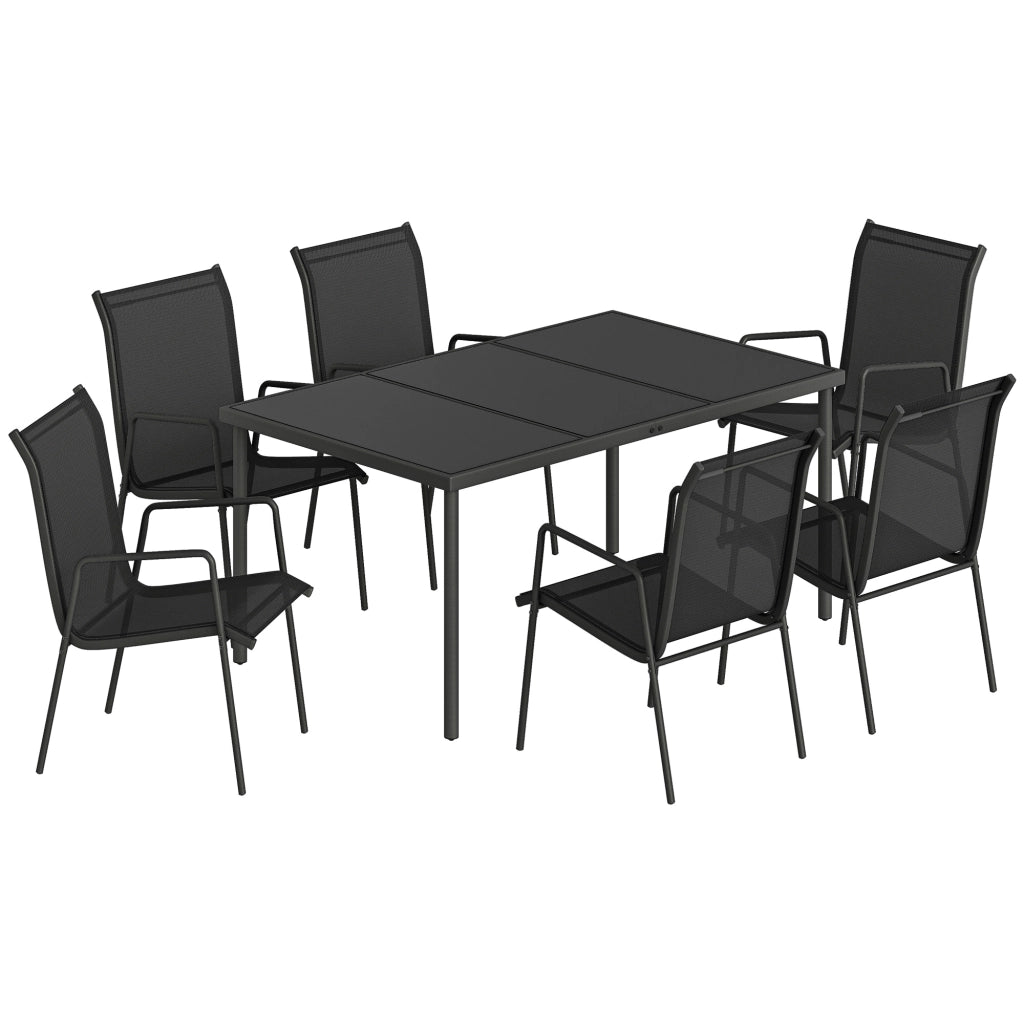 Set 7 Pezzi da Esterno con 6 Sedie Impilabili in Texteline e Tavolino da Caffè con Piano in Vetro in Acciaio Nero