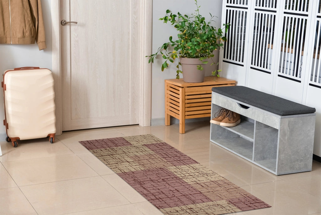 Tappeto Arredo Moderno Morbido in Ciniglia Ingresso Antiscivolo Prodotto Italiano  Soggiorno Camera Salotto Disegni Piazzati Cotone Varie Misure Grande Mondrian/Prugna - 140x200 cm