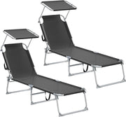 SONGMICS Sedie a Sdraio Pieghevoli, 189 x 53 x 28,5 cm, Lettini Prendisole, Portata 110 kg Ciascuno, Parasole e Schienale Regolabili, per Terrazza e Balcone, Set da 2, Nero GCB294BZ02