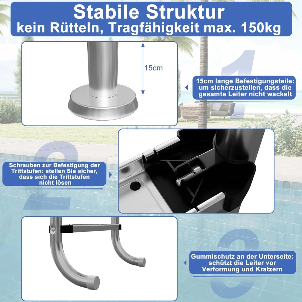 Scala per piscina in acciaio inox, 3 livelli, 132 cm, con cuscinetto antiscivolo e corrimano curvo, scaletta per piscina