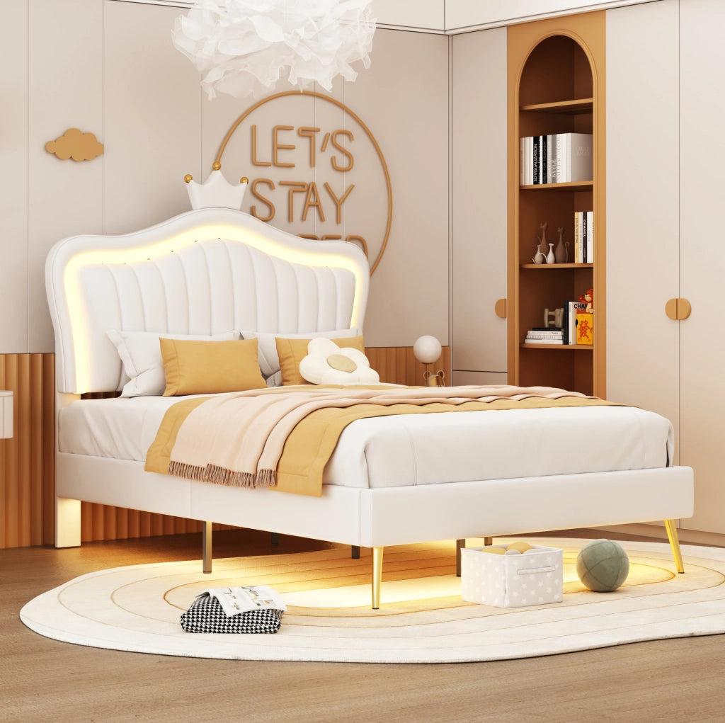 Letto imbottito per bambini 90 x 200 cm con LED; testiera regolabile e rete a doghe; bianco
