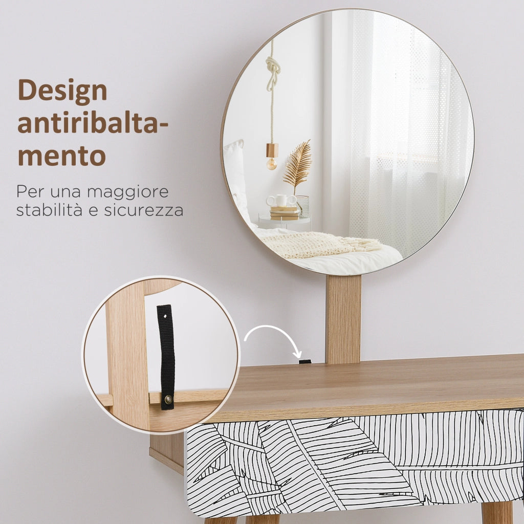 Postazione Trucco con Specchio Circolare ¨C zephmum ¨C Bianco e Rovere, 70x39x119-128cm