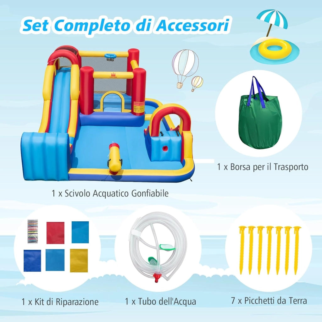 Castello Gonfiabile per Bambini, Parco Acquatico Gigante con Doppi Scivoli d'Acqua, 2 Piscine, Area Salto, Canestro e Parete da Arrampicata, 450 x 392 x 216 cm
