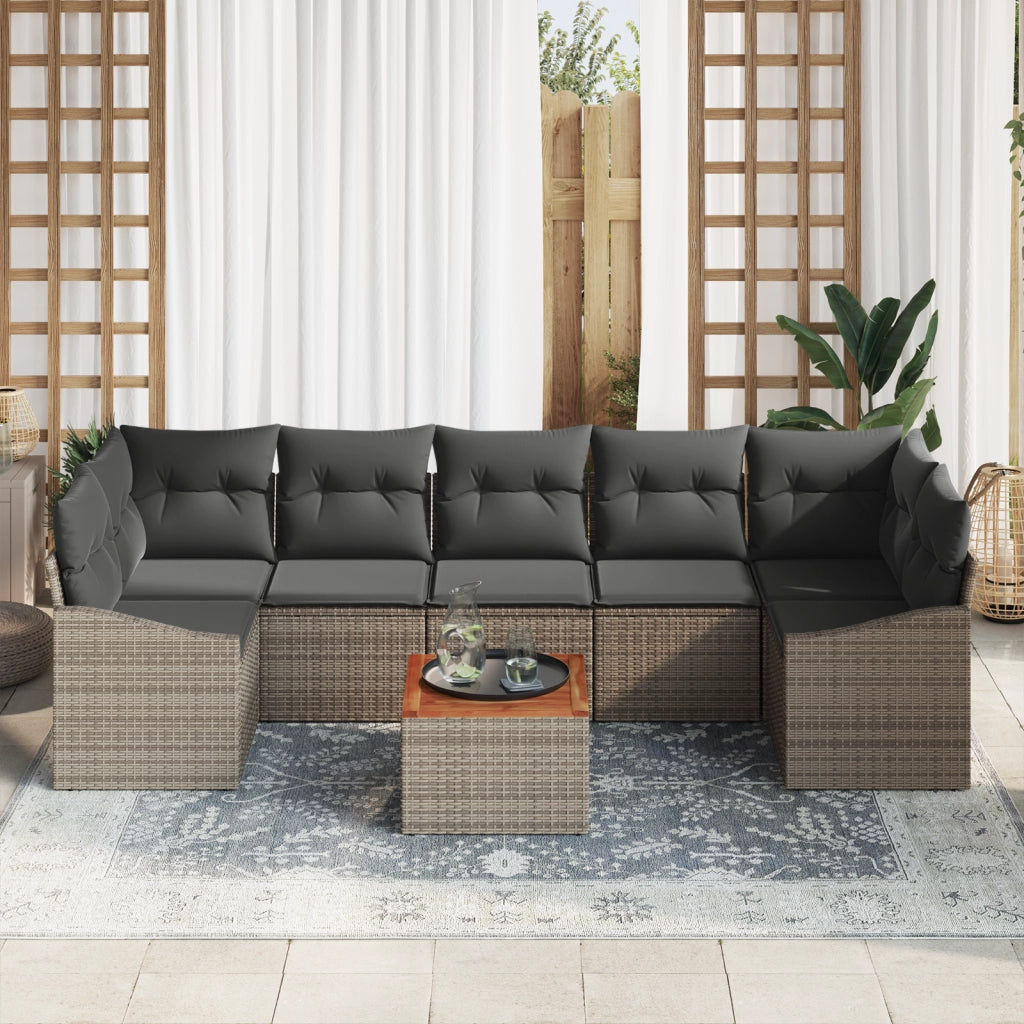 Set di divano da giardino 8 pezzi con cuscini grigio in polyrattan e acacia
