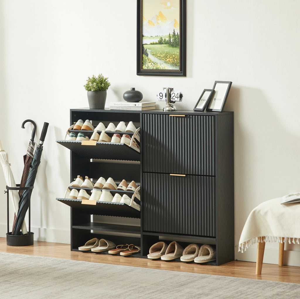 Scarpiera stretta 120x24x102 cm in MDF e metallo nero， per ingresso