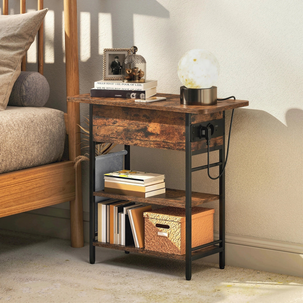 Tavolino da notte con cassetto e prese ¨C zephmum ¨C 60x29.8x58.5 cm rustico marrone