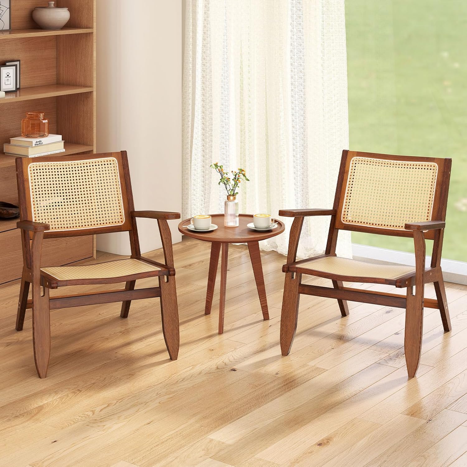 Poltrona Lounge, Poltrona Ergonomica in Rettan e Bambù con Schienale e Braccioli, Portata 150 kg, Sedia Bohemien per Soggiorno, Camera da Letto e Studio