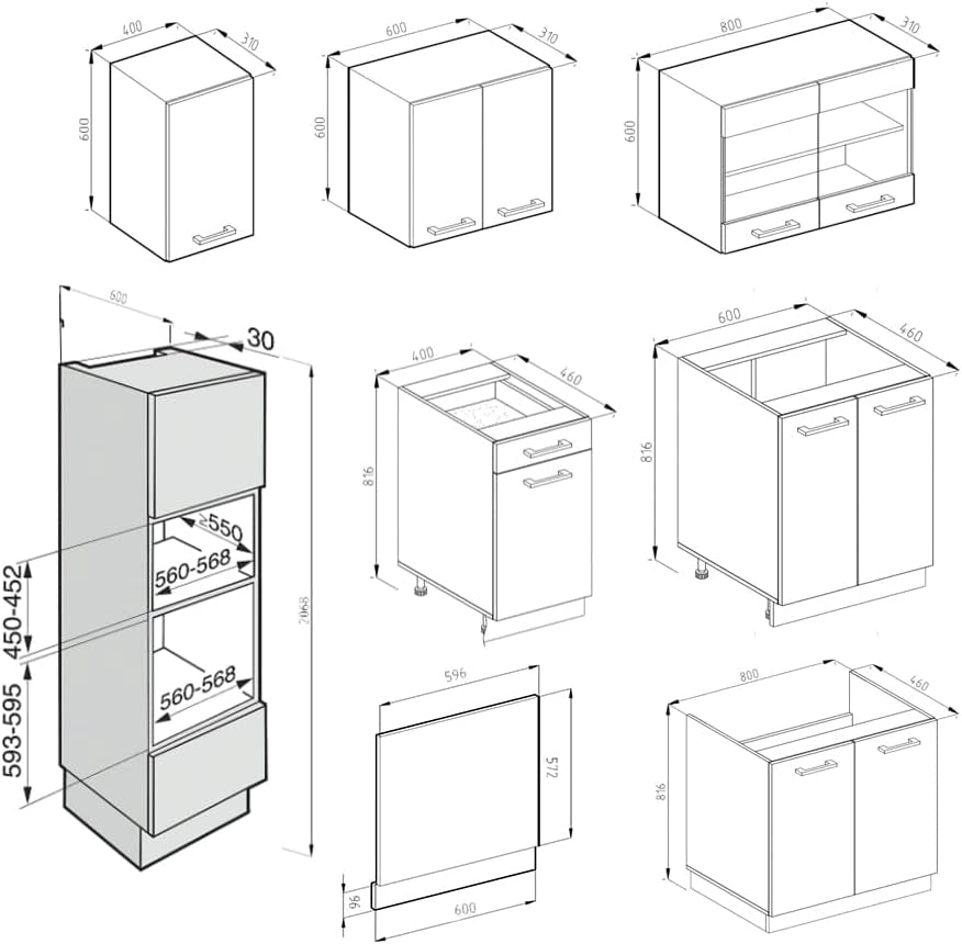 Cucina componibile R-Line, Antracite lucido, 300 cm con armadio alto, PL Marmo, con moduli disposti in modo variabile e piedini regolabili in altezza