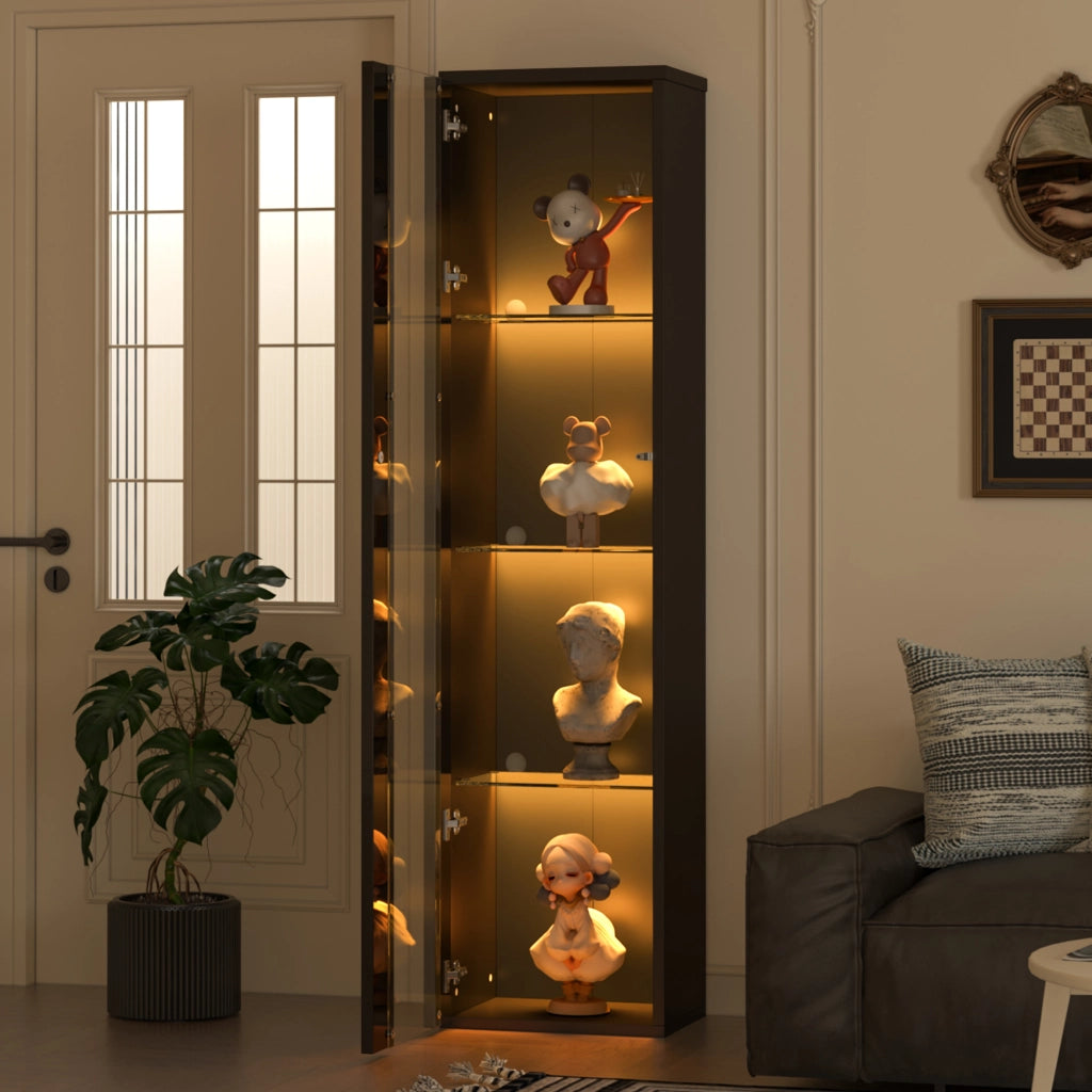 OKWISH Vetrina con 4 Livelli, Illuminazione LED con Cambio Colore, per Soggiorno, Nero, 40 x 29 x 170 cm