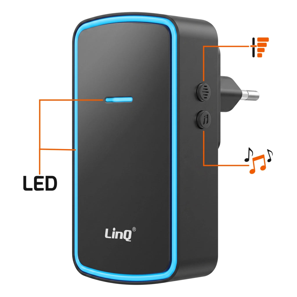 Campanello senza Fili per Casa con Suoneria alla Presa Portata 150m e LED Nero LinQ