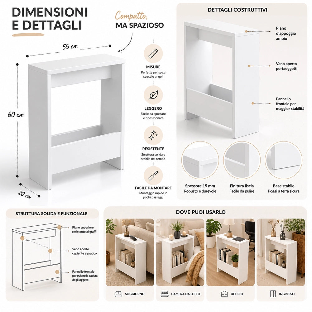 Tavolino Laterale Divano Bianco Tavolo Salvaspazio Multifunzione 55x20x60cm
