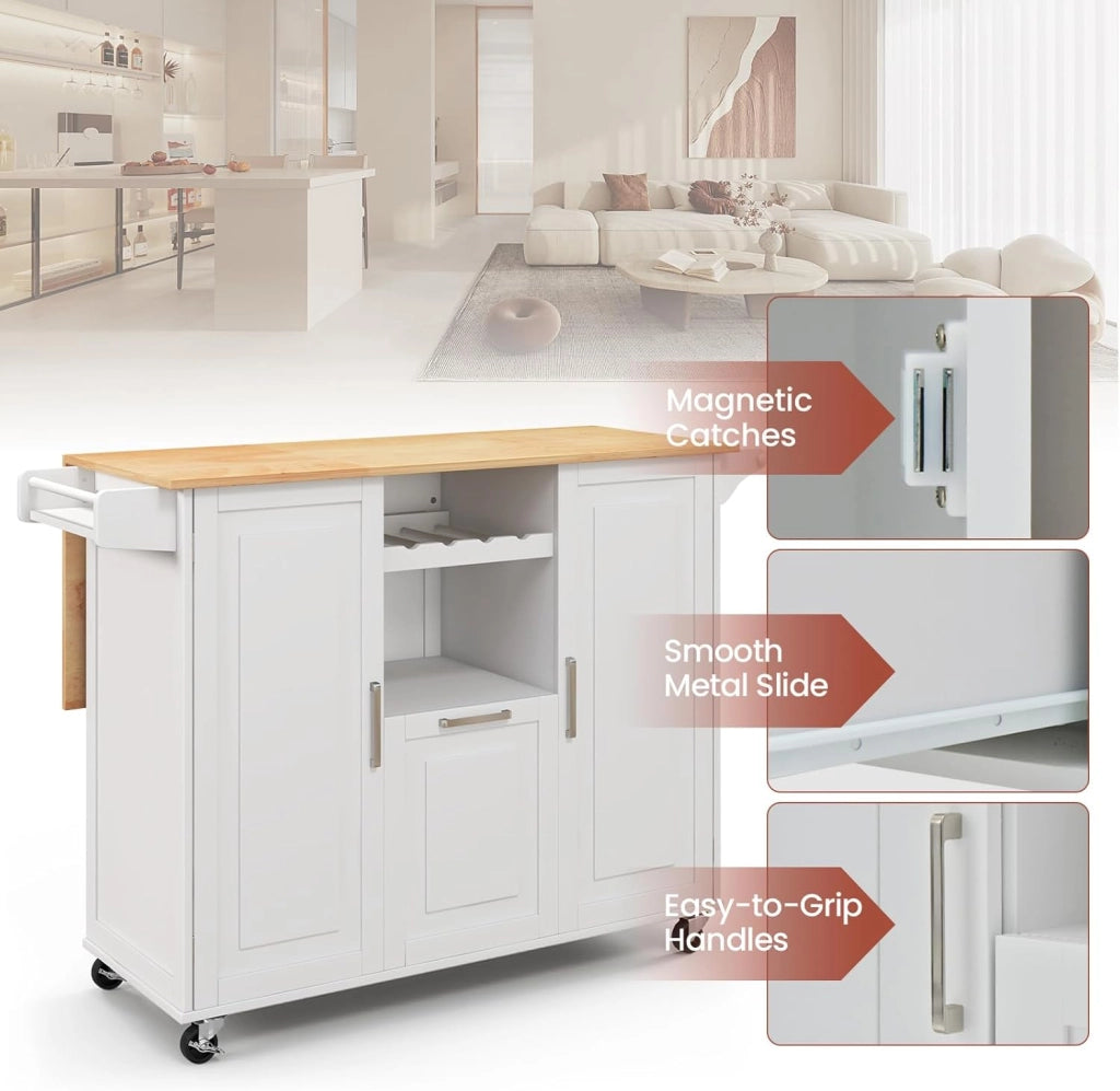 Isola cucina mobile con piano di lavoro, carrello da cucina con cassetto, portabottiglie e 2 armadi porta, carrello da portata con ruote, carrello in legno per isola cucina, 130 x 45 cm