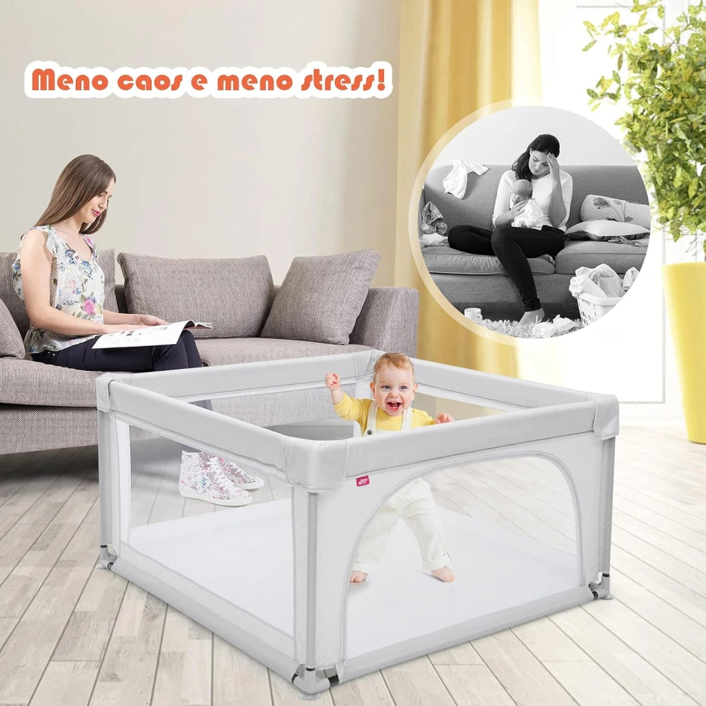 Box per Bambini, Centro Attività Portatile con Cancelli di Sicurezza, con Ventose Antiscivolo, Pareti a Rete Traspirante e 2 Anelli per Bambini, Cancello per Giocare con Palline (Grigio)