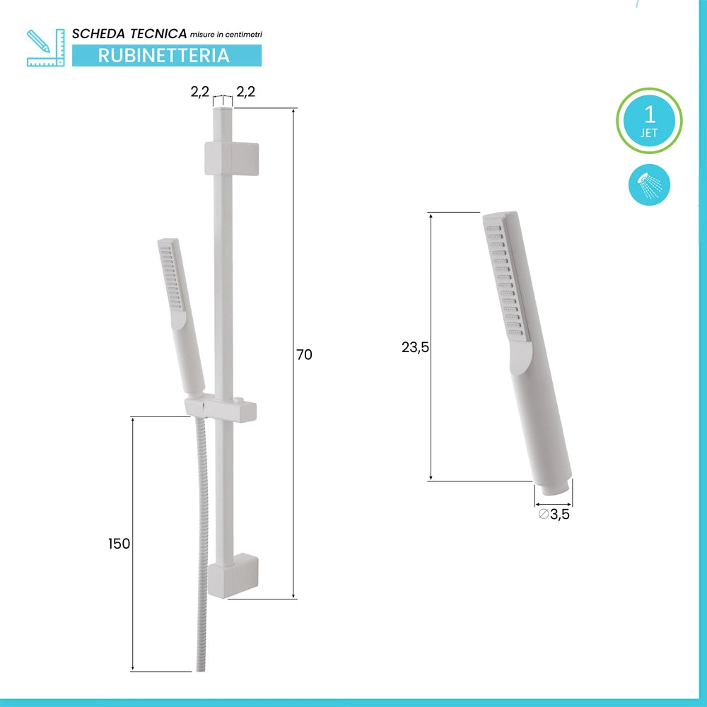 Saliscendi doccia quadrato 70 cm regolabile con doccetta slim in ABS bianco opaco Hidra