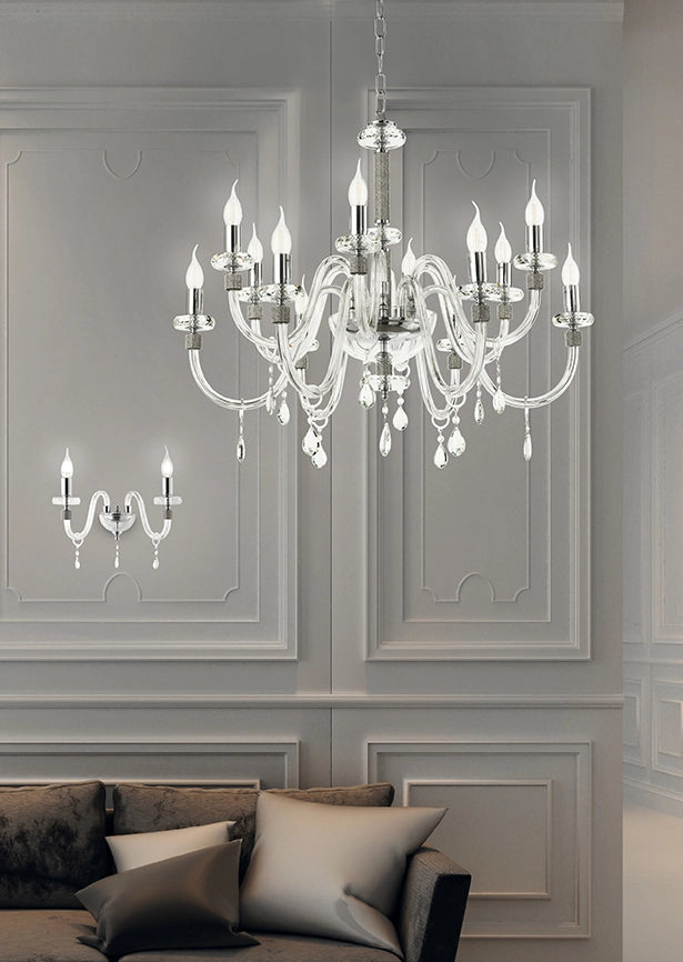 LAMPADARIO DIDO 12 LUCI CRISTALLO E CROMO ATTACCO E14 D.83CM