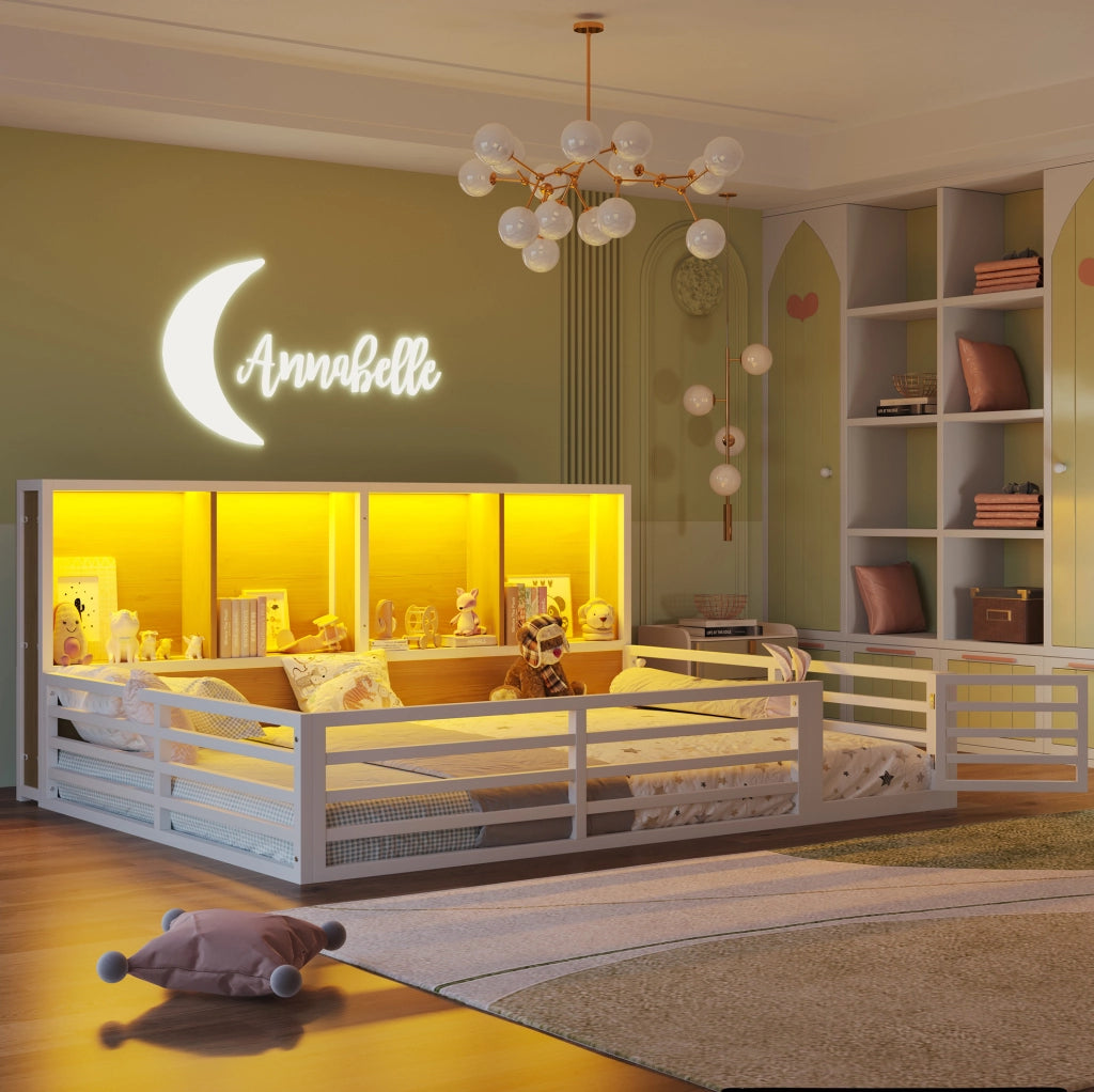Letto 140 x 200 cm con sponda apribile; ripiani laterali e LED; MDF e metallo; bianco