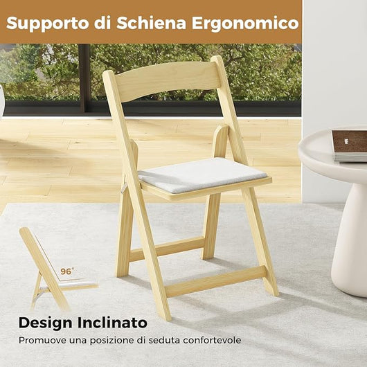 Set di 2 Sedie da Pranzo, Sedia da Cucina Pieghevole con Gambe in Legno di Gomma & Sedile Imbottito, Sedia Portatile per Matrimonio & Festa, Nessun Montaggio Richiesto, Portata 160 kg