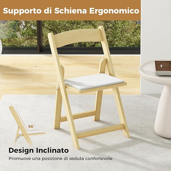Set di 2 Sedie da Pranzo, Sedia da Cucina Pieghevole con Gambe in Legno di Gomma & Sedile Imbottito, Sedia Portatile per Matrimonio & Festa, Nessun Montaggio Richiesto, Portata 160 kg