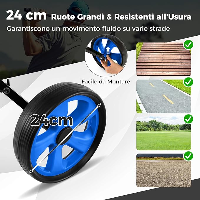 Carrello da Golf Pieghevole con 2 Ruote, Carrello da Golf in Ferro con Tabellone Segnapunti, 140 x 63,5 x 113 cm, Nero(Blu)