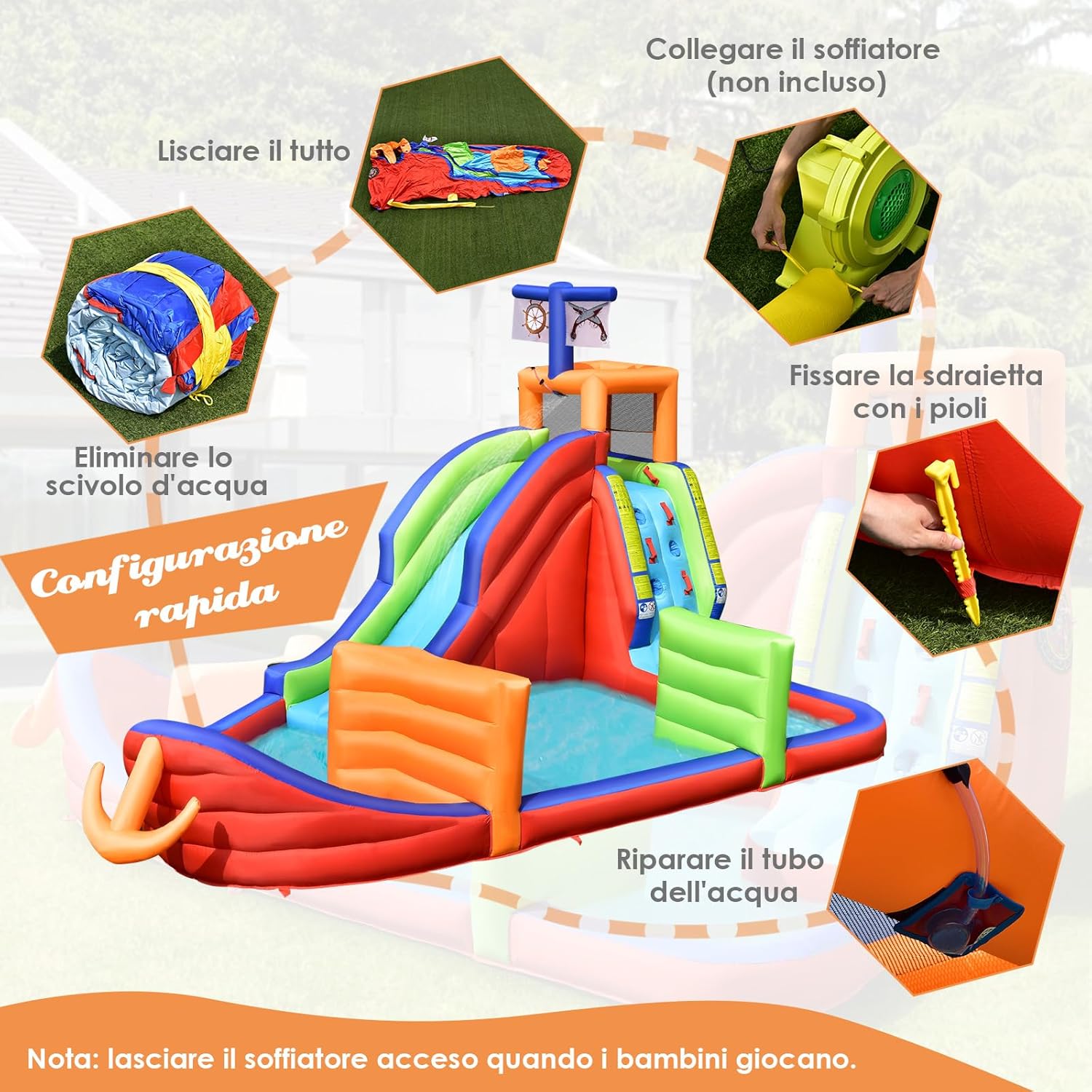 Castello Gonfiabile per Bambini 6 in 1, con Scivolo, Parete per Arrampicarsi, Piscina, Freccette, Gioco di Lancio, Pistole Acquatiche e Borsa, Ideale per 3 Bambini con Età 3-10 Anni