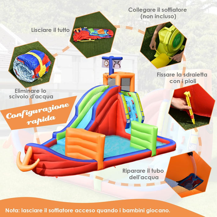 Castello Gonfiabile per Bambini 6 in 1, con Scivolo, Parete per Arrampicarsi, Piscina, Freccette, Gioco di Lancio, Pistole Acquatiche e Borsa, Ideale per 3 Bambini con Età 3-10 Anni