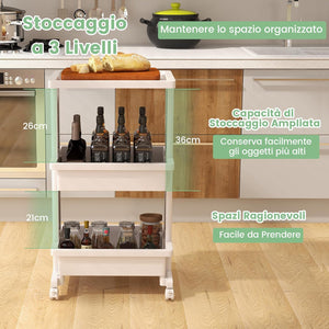COSYTWAY Carrello da Cucina a 3 Piani, Carrello Portaoggetti in Plastica con Ruote Bloccabili, con Piano d'Appoggio, Carrello da Servizio Multifunzionale per Ufficio Cucina