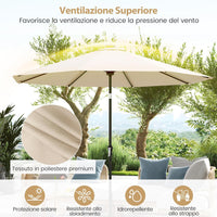 Ombrellone da Esterno 288 cm, con 96 Luci LED, Ombrellone Giardino con Inclinazione Regolabile, Manovella, 8 Stecche e Top Ventilato, Parasole da Mercato per Giardino Spiaggia (Beige)