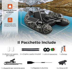 Belly Boat da Pesca Portatile, Gommone Gonfiabile da Pesca con Porta Canne Regolabile, Pompa, Pagaia in Alluminio, Spallacci e Kit di Riparazione, Barca da Mare con 2 Pinne, capacità 160kg