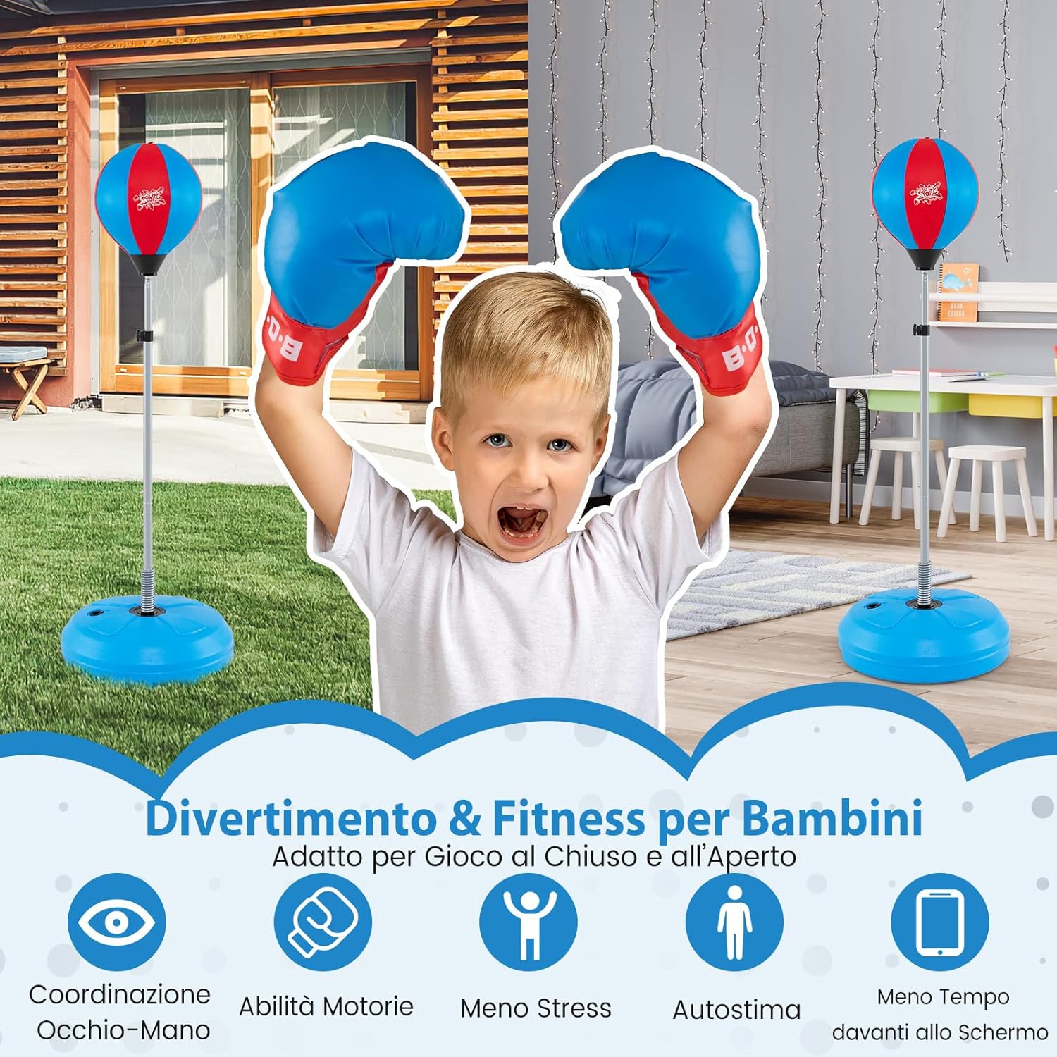 Punching Ball da Terra Altezza Regolabile 120-154 cm, Sacco di Pugilato con Guanti Inclusi, Palla di Boxe con Base per Adulti e Bambini