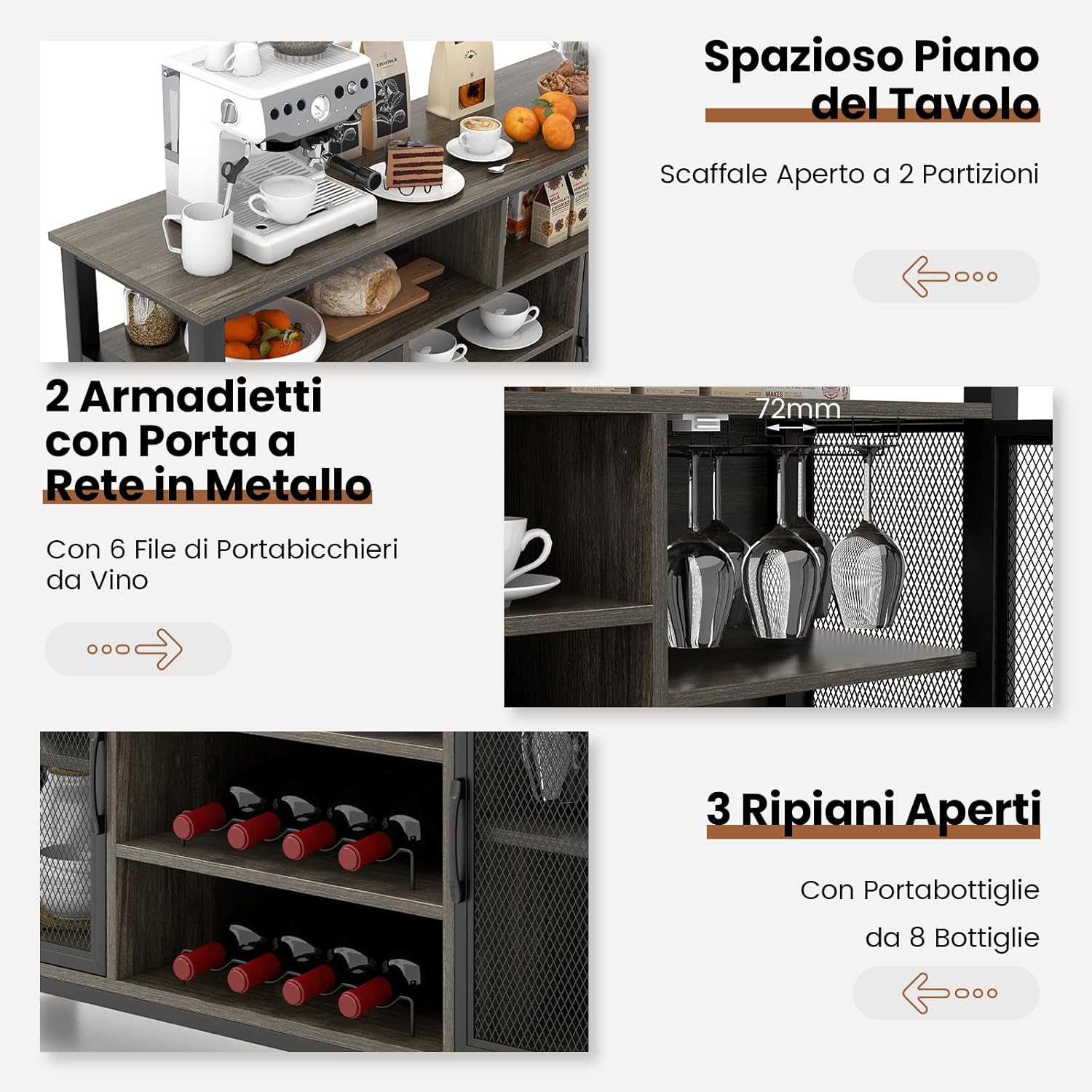 Mobiletto Portabottiglie, Credenza Cucina con Porta Bottiglie di Vino, Mensola Aperta, per Soggiorno, Cucina, Bar, 140 x 40 x 82,5 cm (Grigio)