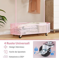 Appendiabiti per Bambini con 3 Altezze Regolabili, Supporto per Abiti con Ruote, con Asta e Cesto Portaoggetti in Ferro, per Stanza dei Bambini Soggiorno, 81x34x182 cm
