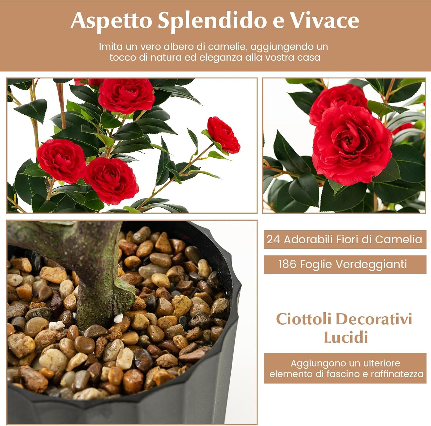 Albero di Camelia Artificiale da 95 cm, Pianta Artificiale con Fiori Finti in Vaso di Cemento, Decorazione per Casa e Ufficio (Rosso)