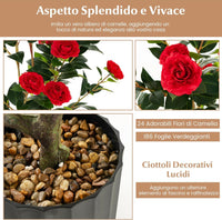 Albero di Camelia Artificiale da 95 cm, Pianta Artificiale con Fiori Finti in Vaso di Cemento, Decorazione per Casa e Ufficio (Rosso)