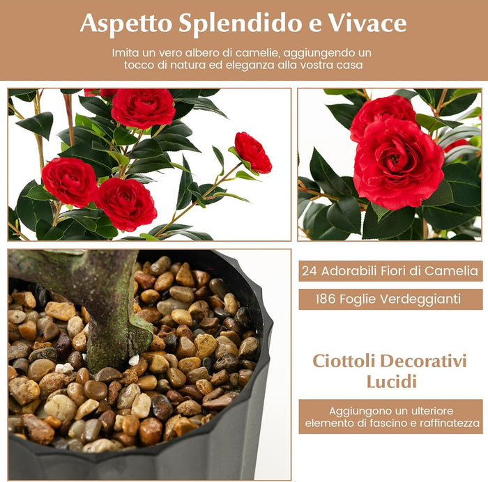 Albero di Camelia Artificiale da 95 cm, Pianta Artificiale con Fiori Finti in Vaso di Cemento, Decorazione per Casa e Ufficio (Rosso)
