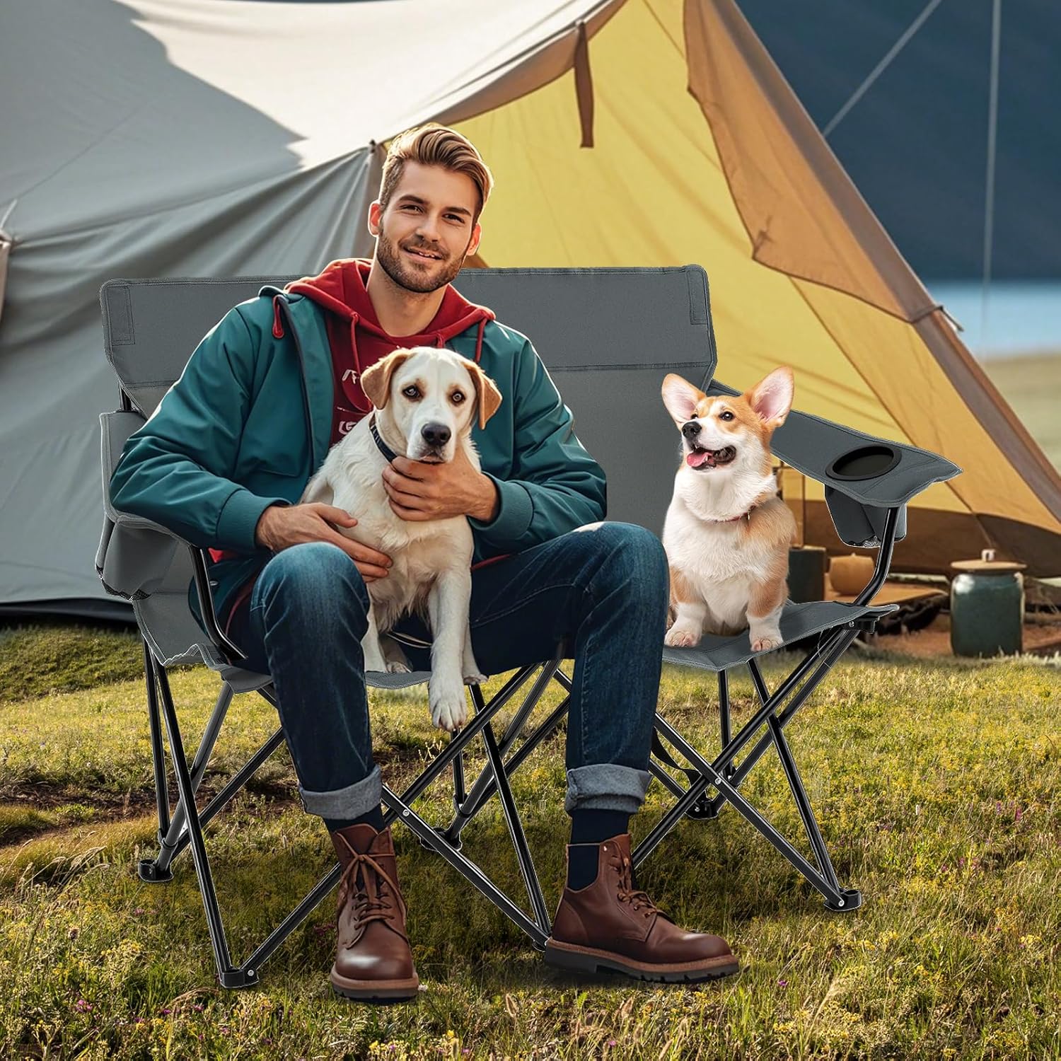 Sedia da Campeggio Doppia, Poltrona Pieghevole per 2 Persone con Portabicchieri, Borsa per il Trasporto, Sedia da Giardino Portatile per Spiaggia, Picnic, Pesca, Portata 300 kg (Grigio)