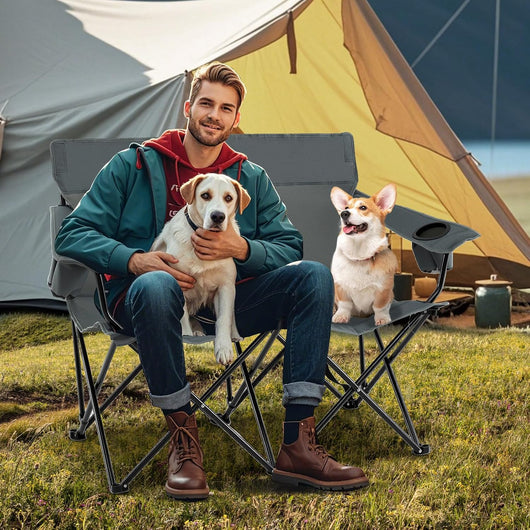 Sedia da Campeggio Doppia, Poltrona Pieghevole per 2 Persone con Portabicchieri, Borsa per il Trasporto, Sedia da Giardino Portatile per Spiaggia, Picnic, Pesca, Portata 300 kg (Grigio)