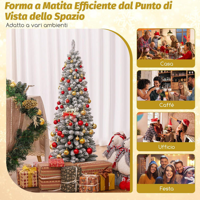 Albero di Natale Slim 120/150/180 cm, Albero di Natale Artificiale Innevato con 240/328/460 Rami e Supporto Metallico Pieghevole, per Piccoli Spazi, Decorazione per Casa e Feste (150 cm)