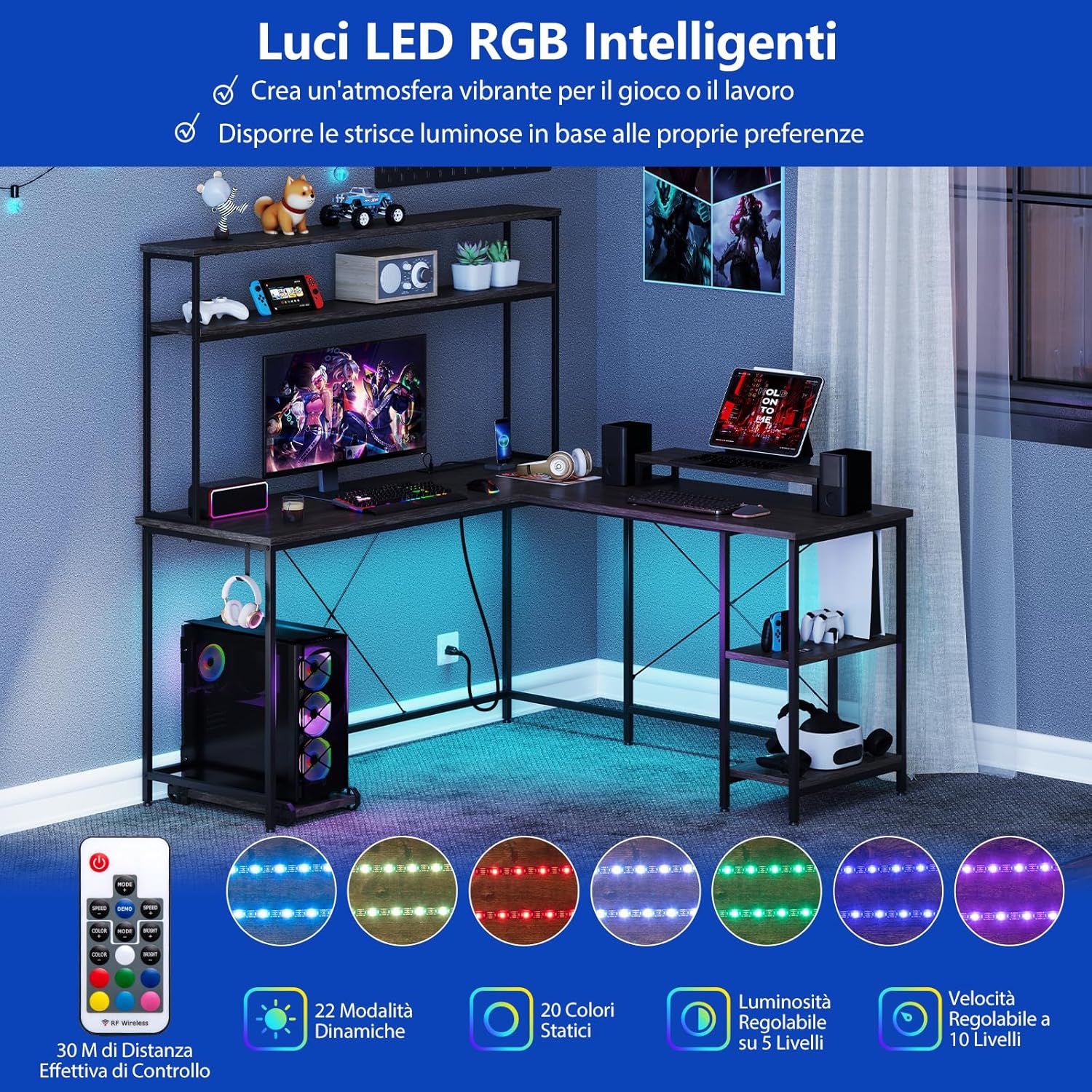 Scrivania per Computer a Forma di L, Tavolo da Gioco con Scaffale Regolabile, Gancio, Supporto per CPU, Striscia LED, Telecomando e Prese di Corrente, Desk per Studiare e Lavorare (Grigio)