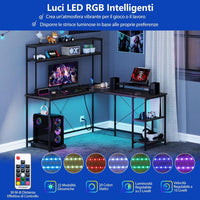 Scrivania per Computer a Forma di L, Tavolo da Gioco con Scaffale Regolabile, Gancio, Supporto per CPU, Striscia LED, Telecomando e Prese di Corrente, Desk per Studiare e Lavorare (Grigio)