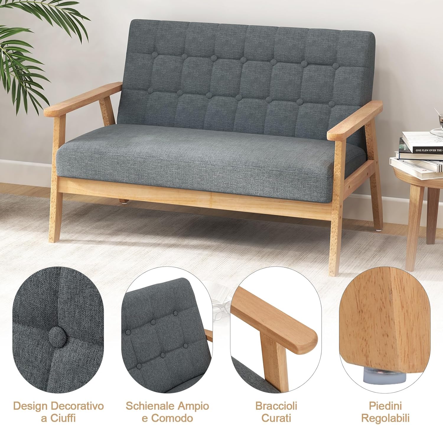 Divano a 2 Posti in Lino, Panchina Imbottita con Cuscini e Struttura in Legno di Gomma, Divano per Soggiorno, Camera da Letto, Studio