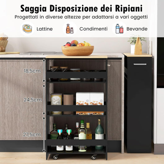 Carrello da Cucina a 4 Ripiani, Carrello in Legno con 4 Ruote Universali, Carrello Scaffale Stretto Salvaspazio con Manico per Bagno, Ufficio, Officina, 47,5 x 20 x 80,5 cm (Nero)