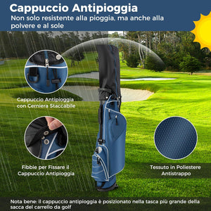 Sacca da Golf con Supporto, Borsa da Golf a 4 Scomparti con 4 Tasche con Cerniera, Borsa Frigo, Tracolla Doppia, Cappuccio Antipioggia, Supporto per Ombrellone