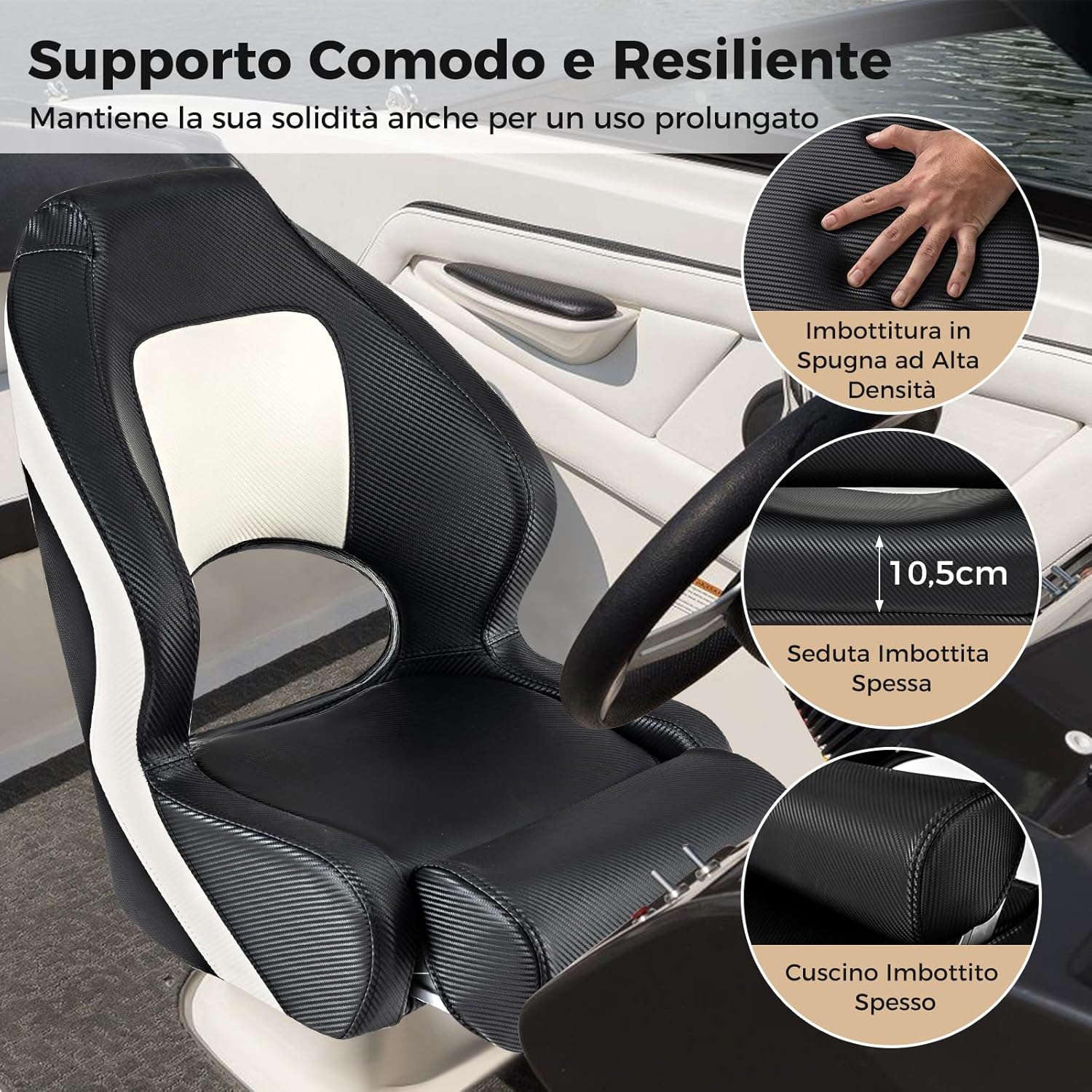 Sedia per Barca, Sedile da Barca con Supporto per Schienale e Cuscino, Rivestimento in Pelle PVC Impermeabile, Schienale Alto 53 cm, Seduta da Barca da Pesca e Escursioni