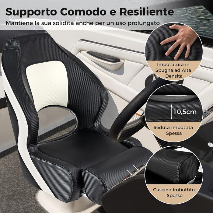 Sedia per Barca, Sedile da Barca con Supporto per Schienale e Cuscino, Rivestimento in Pelle PVC Impermeabile, Schienale Alto 53 cm, Seduta da Barca da Pesca e Escursioni